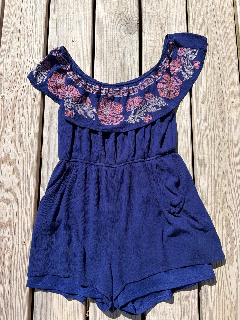 Blue Rain Blue Shorts Romper Floral Ruffle Size Large Bohemian Hippie Feminine
